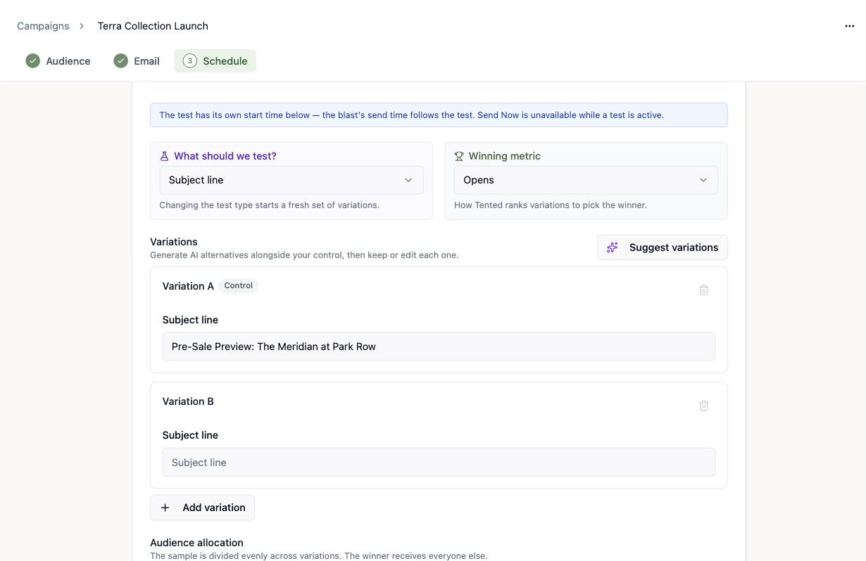 A screenshot of the Variations section with Variation A marked Control and prefilled with the campaign subject, an empty Variation B, an Add variation button, and a Suggest variations button.