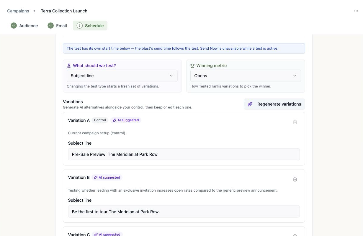 A screenshot of AI-suggested variations, each with an AI suggested badge and a rationale line beneath the variation name.
