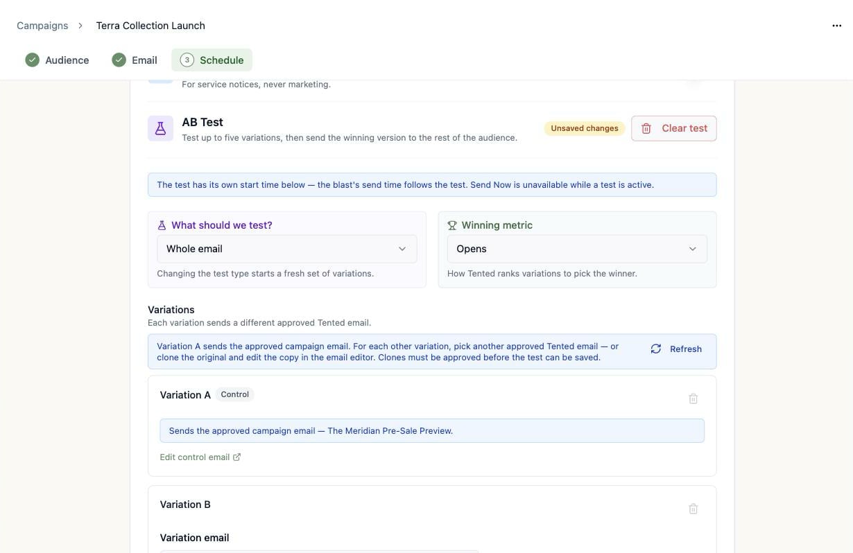 A screenshot of a Whole email test where Variation A sends the approved campaign email with an Edit control email link, and Variation B has a Variation email picker.