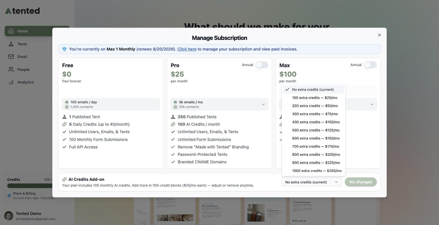 A screenshot of the AI Credits Add-on dropdown open, listing options from No extra credits to 1000 extra credits with monthly prices.