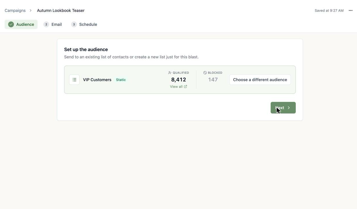 A screenshot of a selected audience showing 8,412 qualified contacts and 147 blocked.