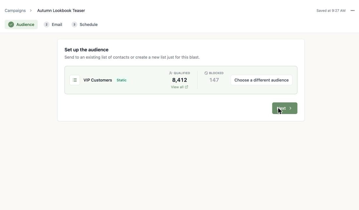 A screenshot of a selected audience showing 8,412 qualified contacts and 147 blocked.