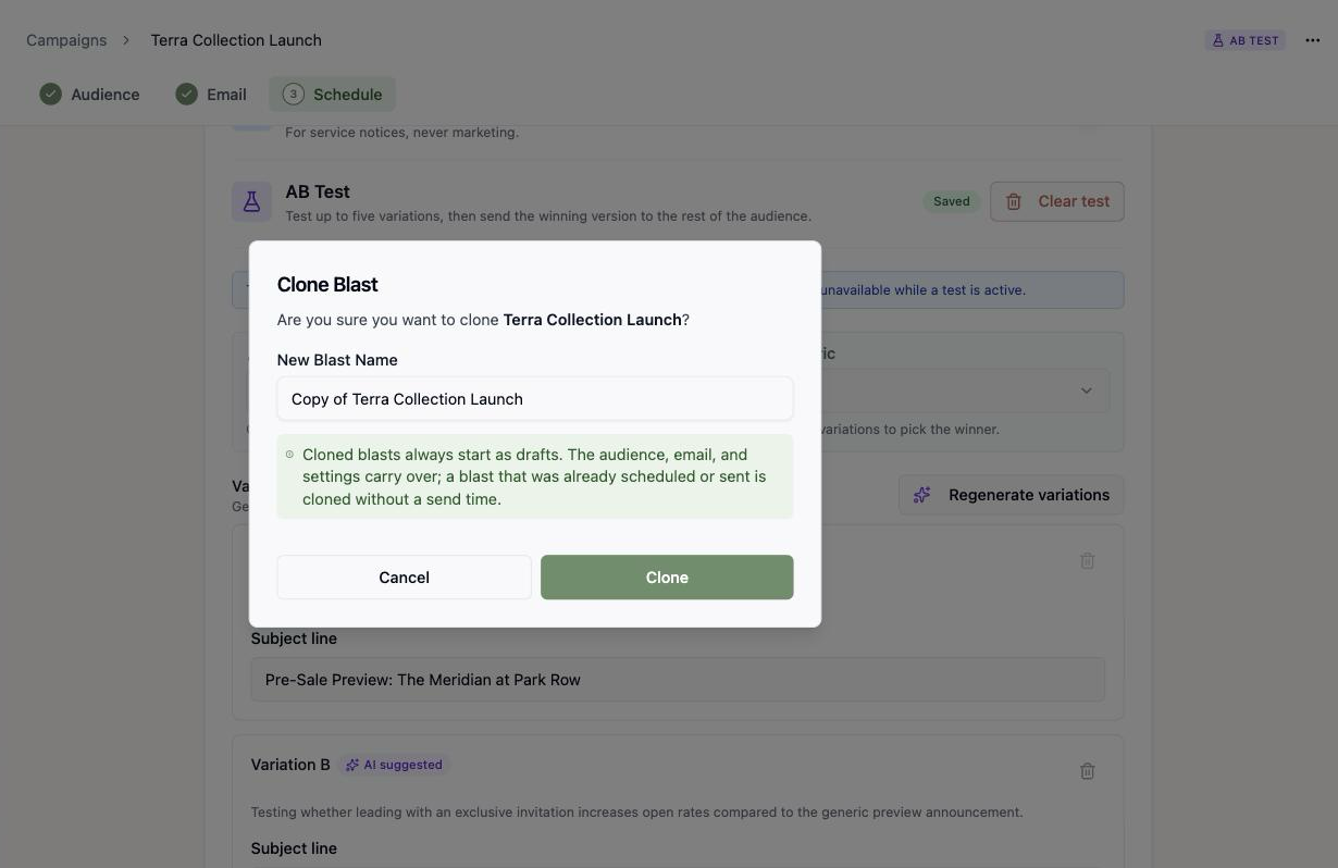 A screenshot of the Clone Blast dialog with a New Blast Name field prefilled with Copy of Terra Collection Launch and a note that cloned blasts always start as drafts.