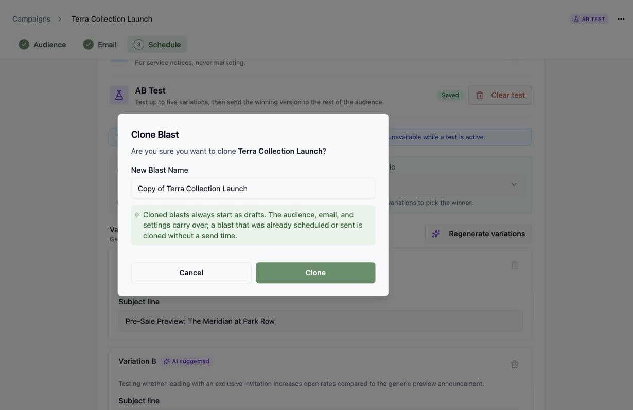 A screenshot of the Clone Blast dialog with a New Blast Name field prefilled with Copy of Terra Collection Launch and a note that cloned blasts always start as drafts.