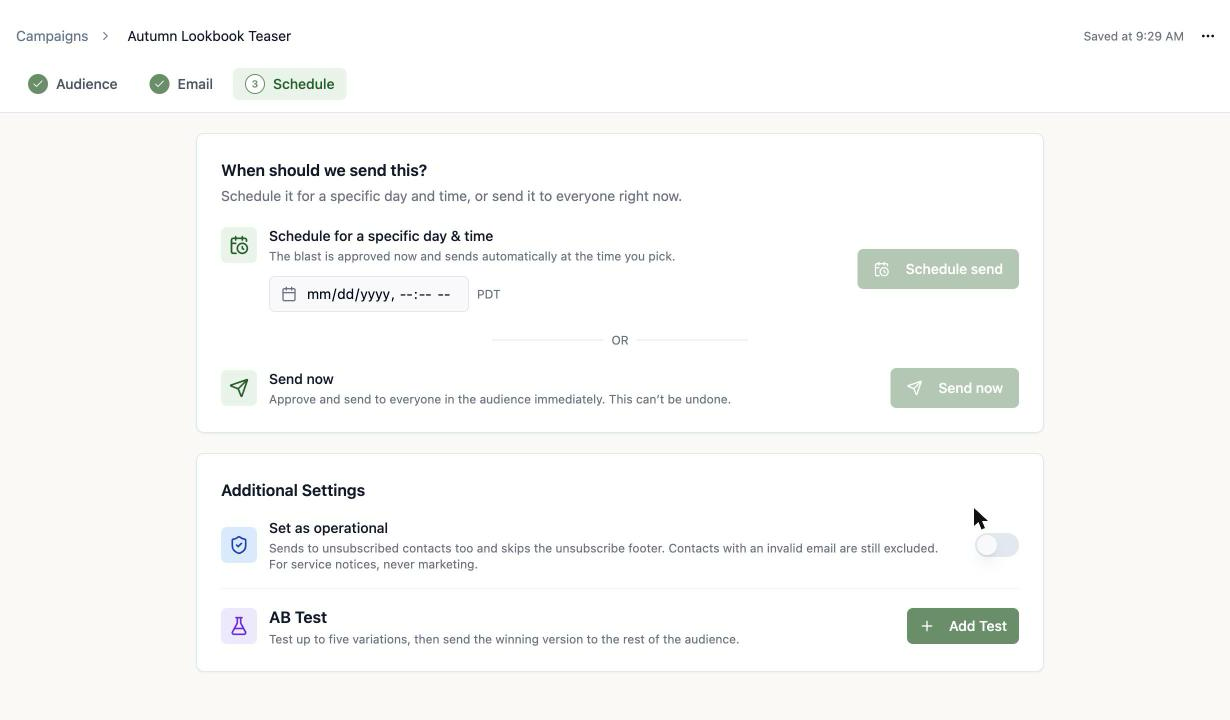 A screenshot of the blast Schedule step showing the Additional Settings card with the Set as operational toggle and the AB Test section with an Add Test button.