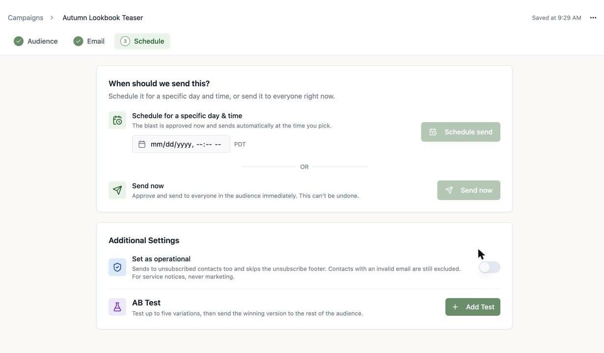 A screenshot of the blast Schedule step showing the Additional Settings card with the Set as operational toggle and the AB Test section with an Add Test button.