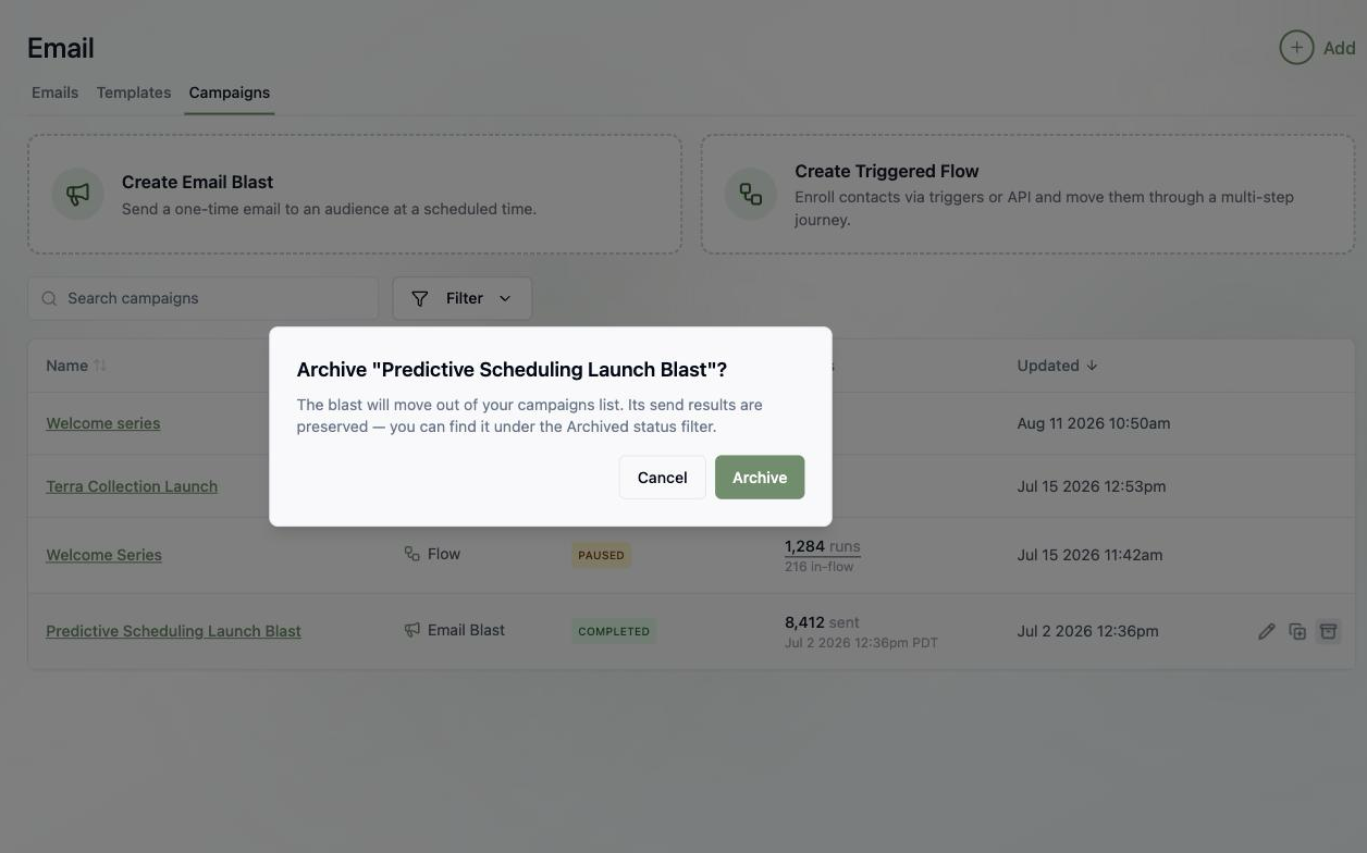 A screenshot of the Archive confirmation dialog explaining that the blast will move out of the campaigns list and its send results are preserved.