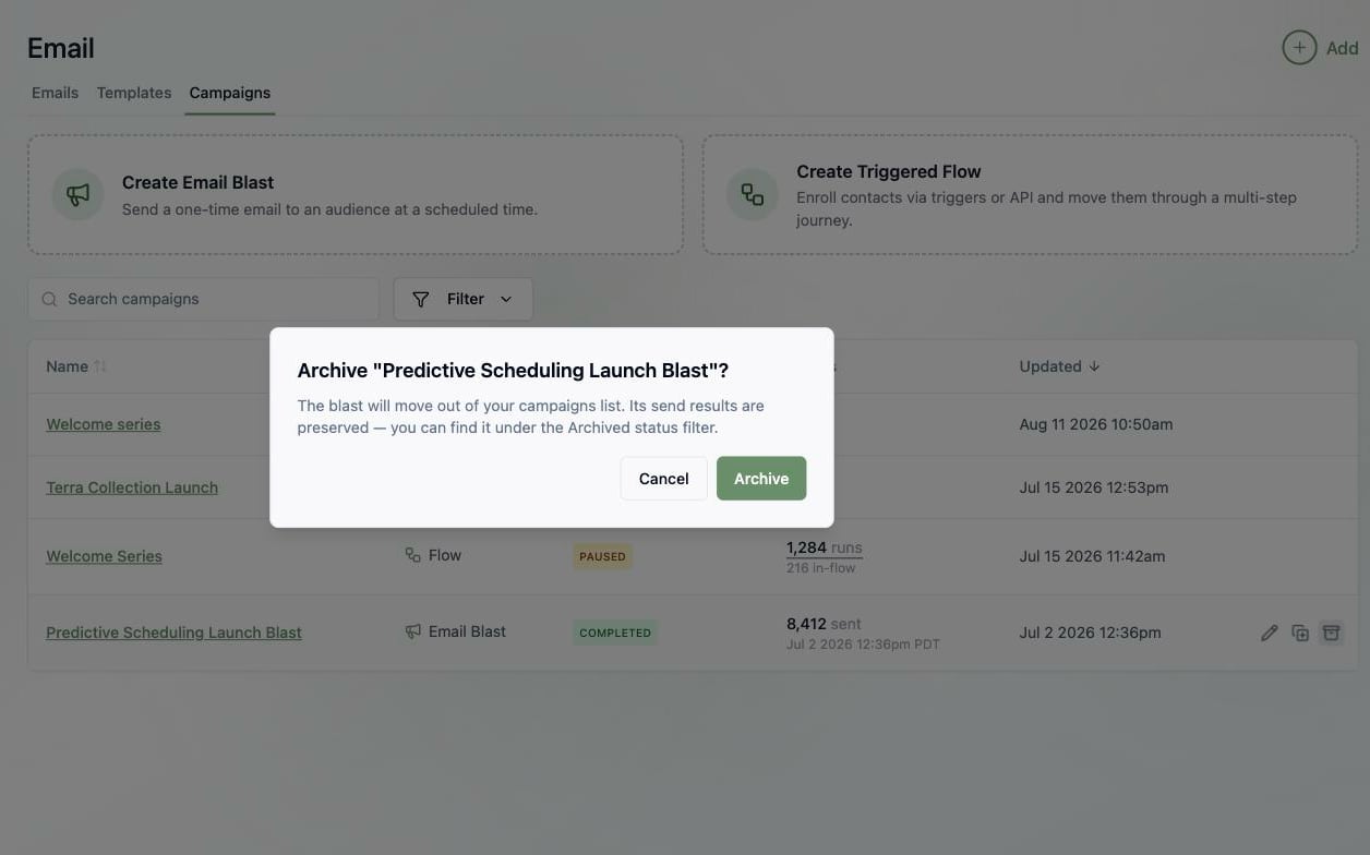 A screenshot of the Archive confirmation dialog explaining that the blast will move out of the campaigns list and its send results are preserved.