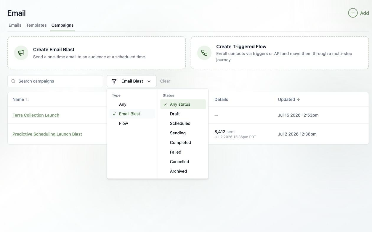 A screenshot of the campaigns Filter dropdown with Type set to Email Blast and the Status list showing the Archived option.