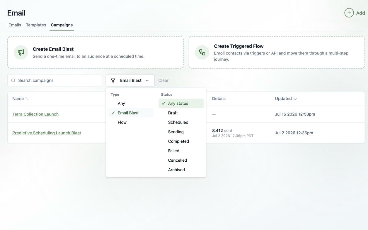 A screenshot of the campaigns Filter dropdown with Type set to Email Blast and the Status list showing the Archived option.