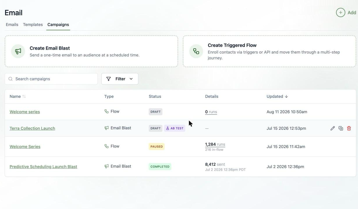 A screenshot of the Campaigns list where the draft blast Terra Collection Launch has a violet AB TEST badge beside its Draft status.