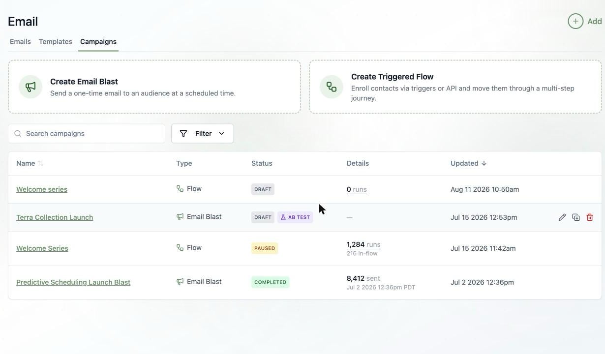 A screenshot of the Campaigns list where the draft blast Terra Collection Launch has a violet AB TEST badge beside its Draft status.