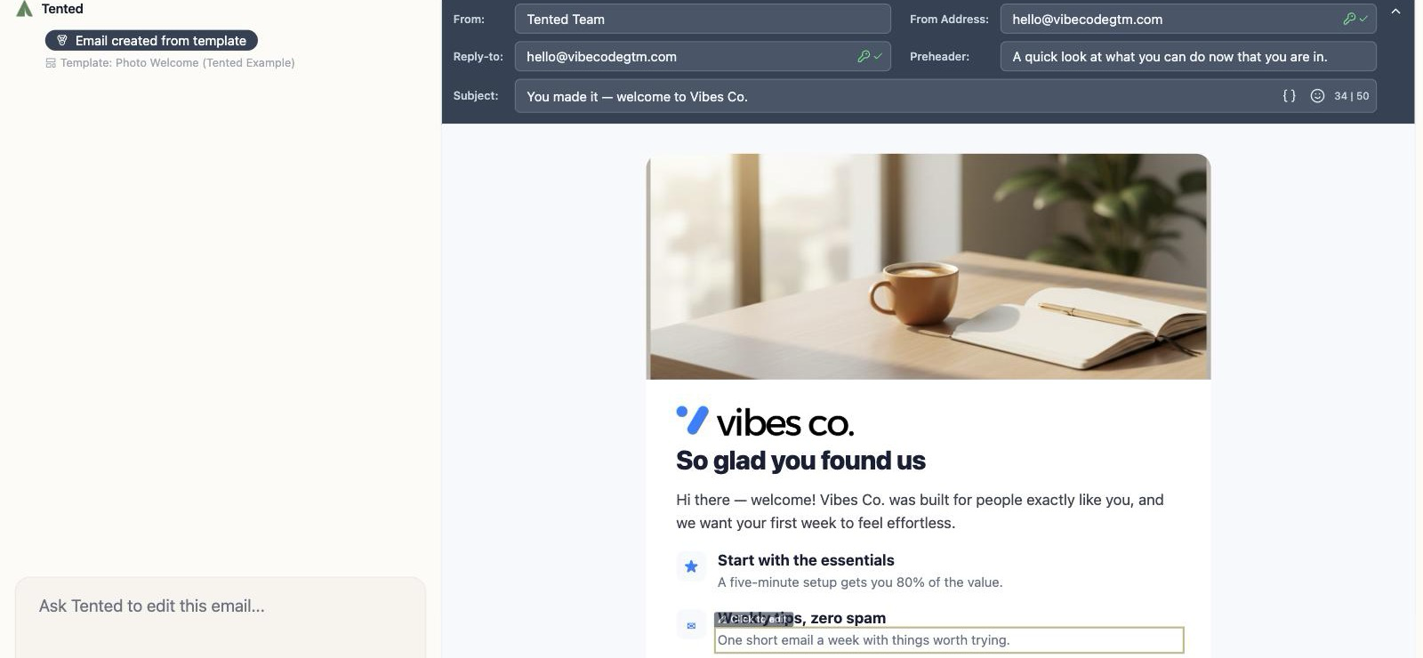 A screenshot of the email editor right after creating an email from the Photo Welcome example template, with an "Email created from template" pill in the chat and branded content in the preview.