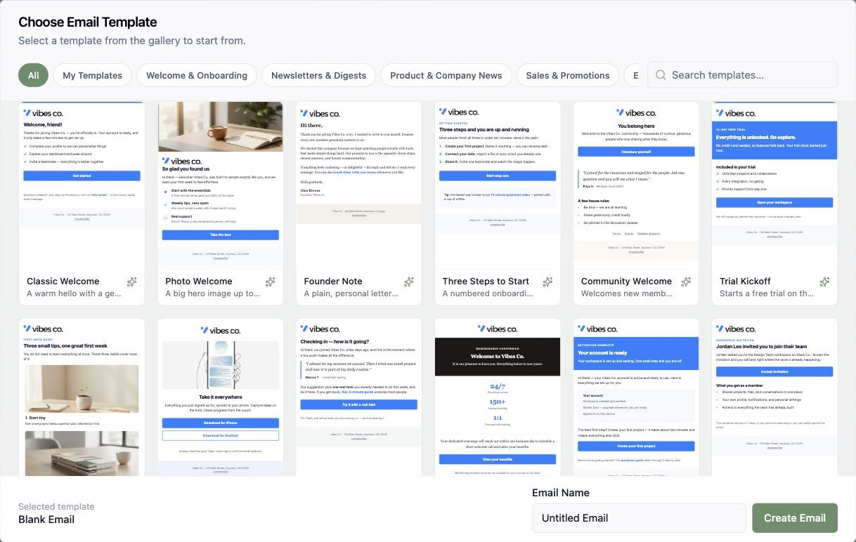 A screenshot of the Choose Email Template gallery with category filters and example templates rendered in the workspace's branding.