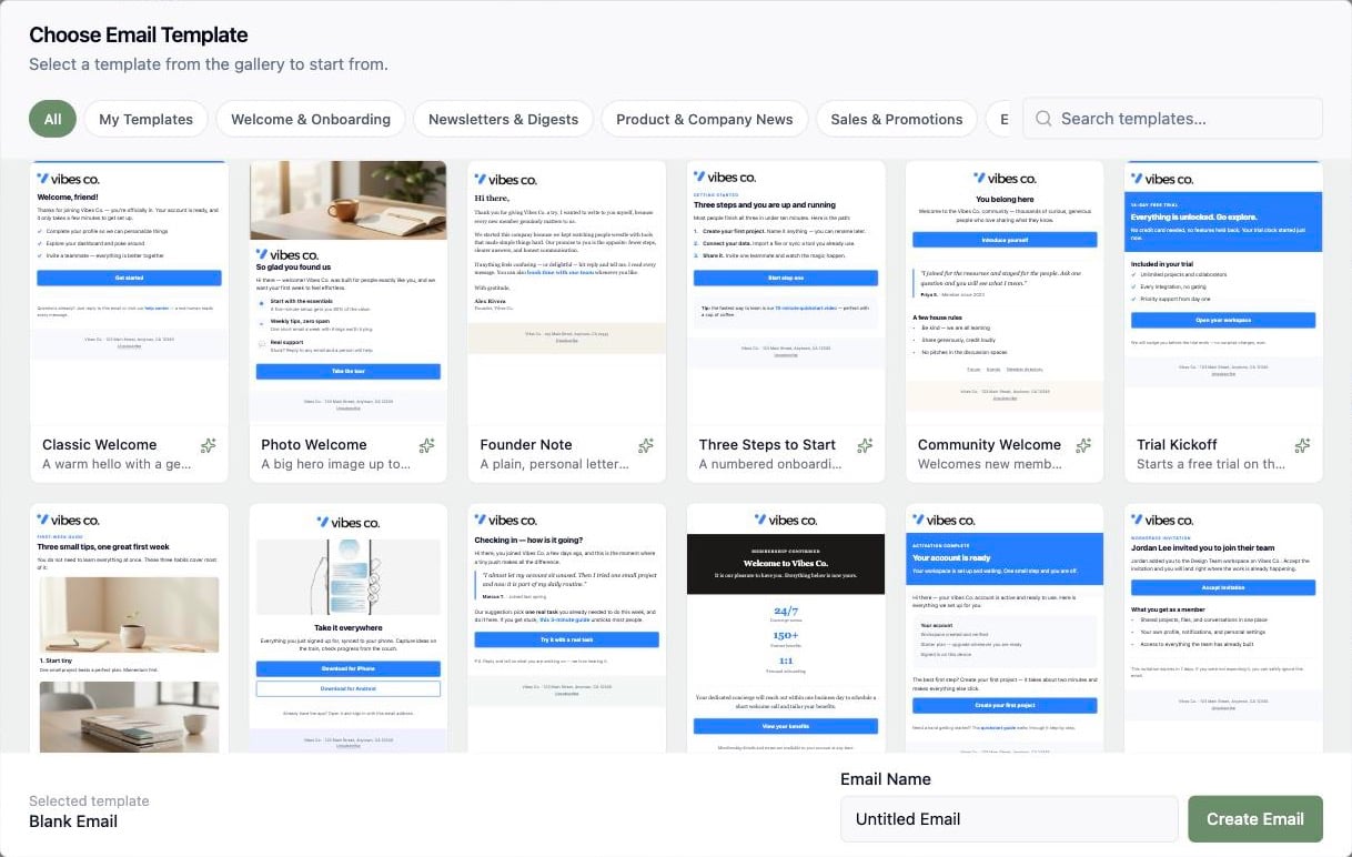 A screenshot of the Choose Email Template gallery with category filters and example templates rendered in the workspace's branding.