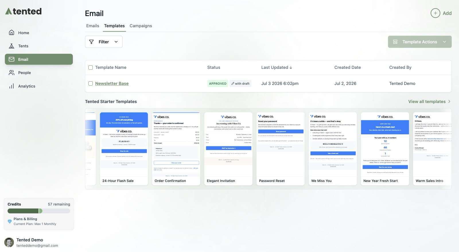 A screenshot of the Email Templates tab showing the Tented Starter Templates row, with every example template rendered in the workspace's Vibes Co. branding.