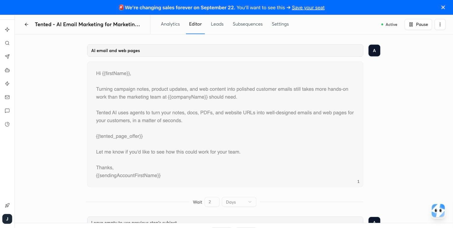 Instantly's campaign editor with {tented_page_offer} on its own line in the first email.