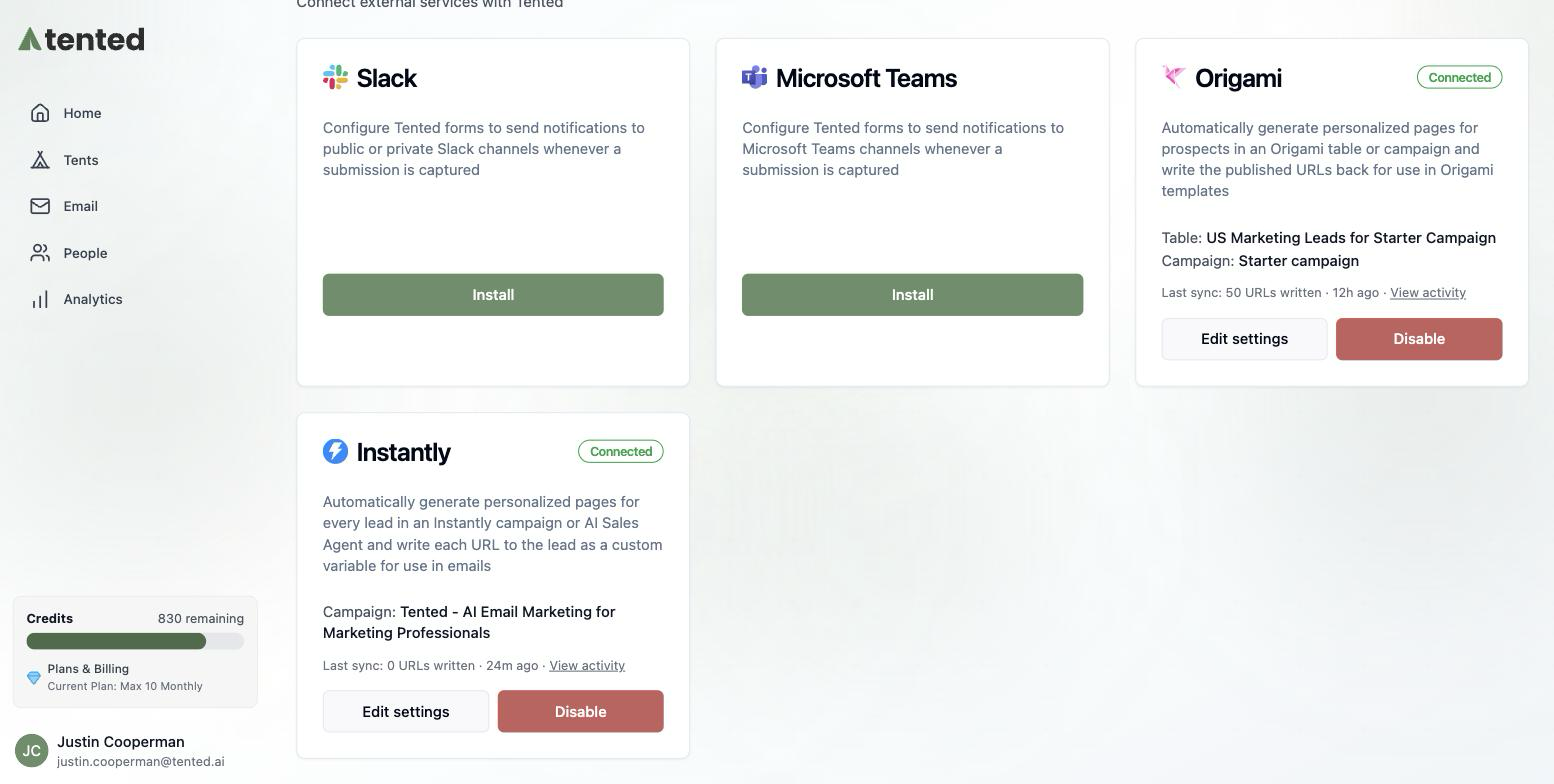 The Instantly tile after connecting, showing the campaign and last sync.
