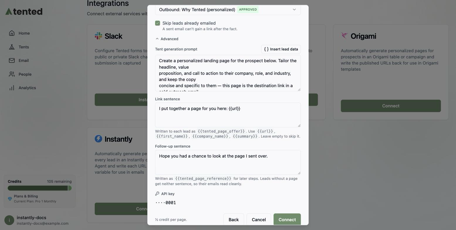 The Advanced section with the generation prompt, link sentence, and follow-up sentence.