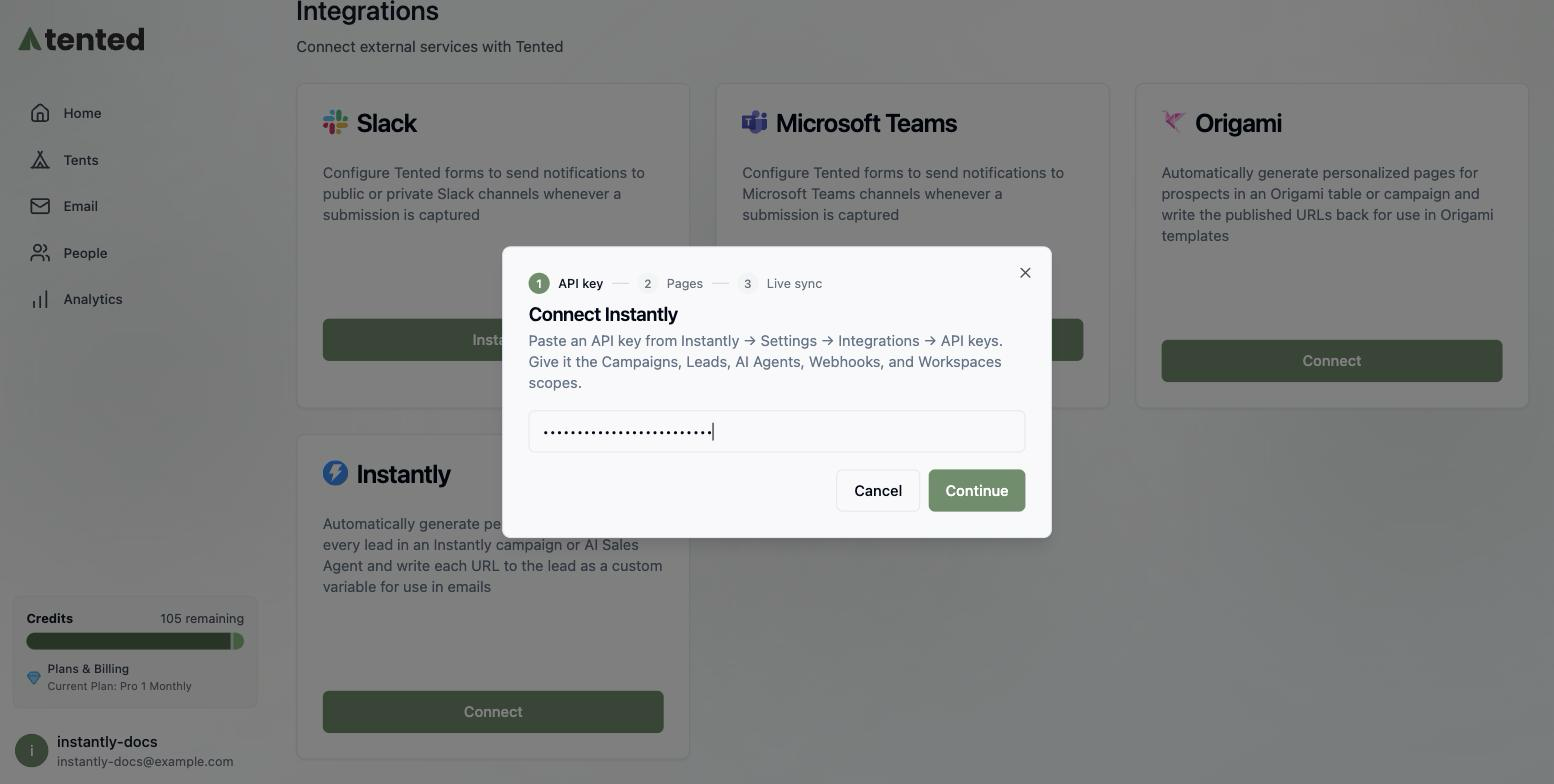 The Connect Instantly dialog asking for an API key.