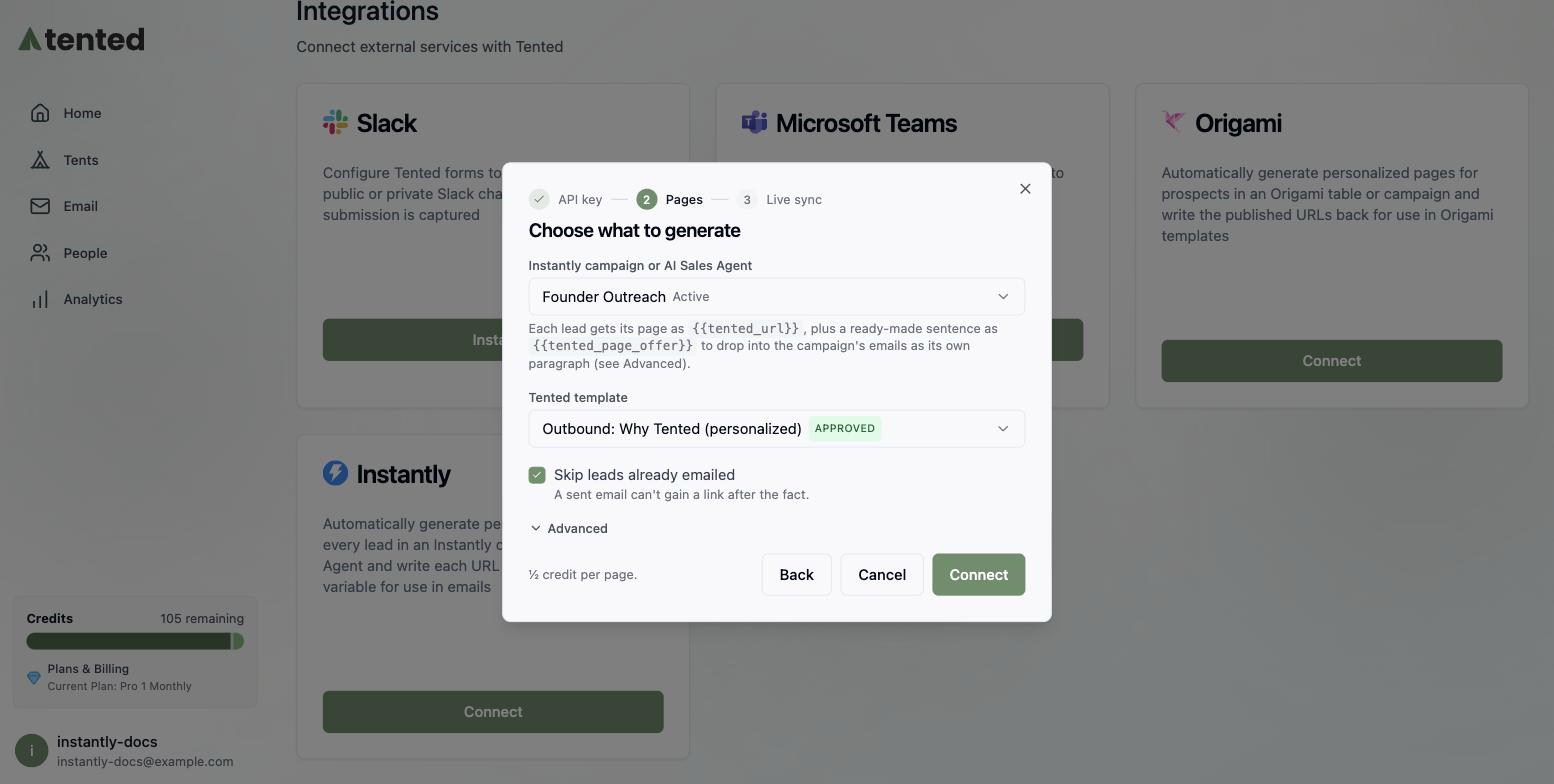 The Choose what to generate step with a campaign and a template selected.