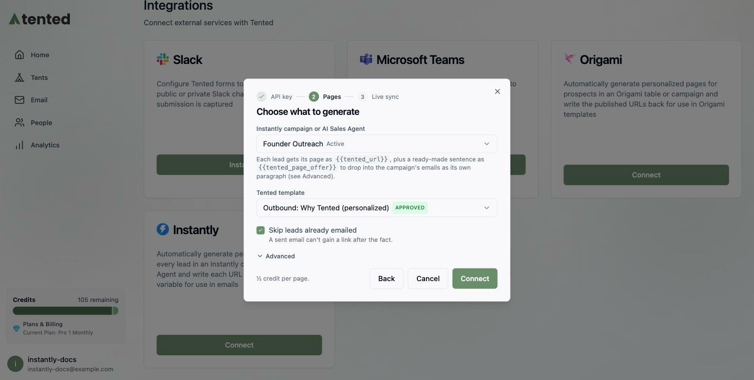 The Choose what to generate step with a campaign and a template selected.