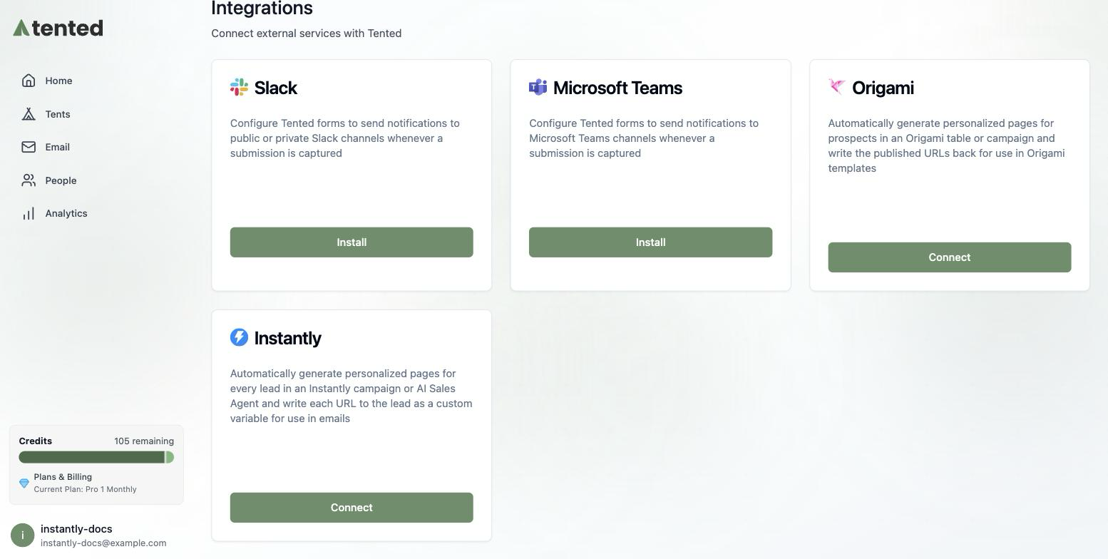 The Integrations page with the Instantly tile and its Connect button.