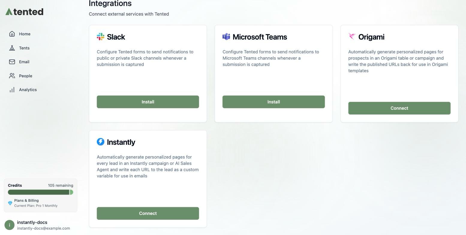 The Integrations page with the Instantly tile and its Connect button.
