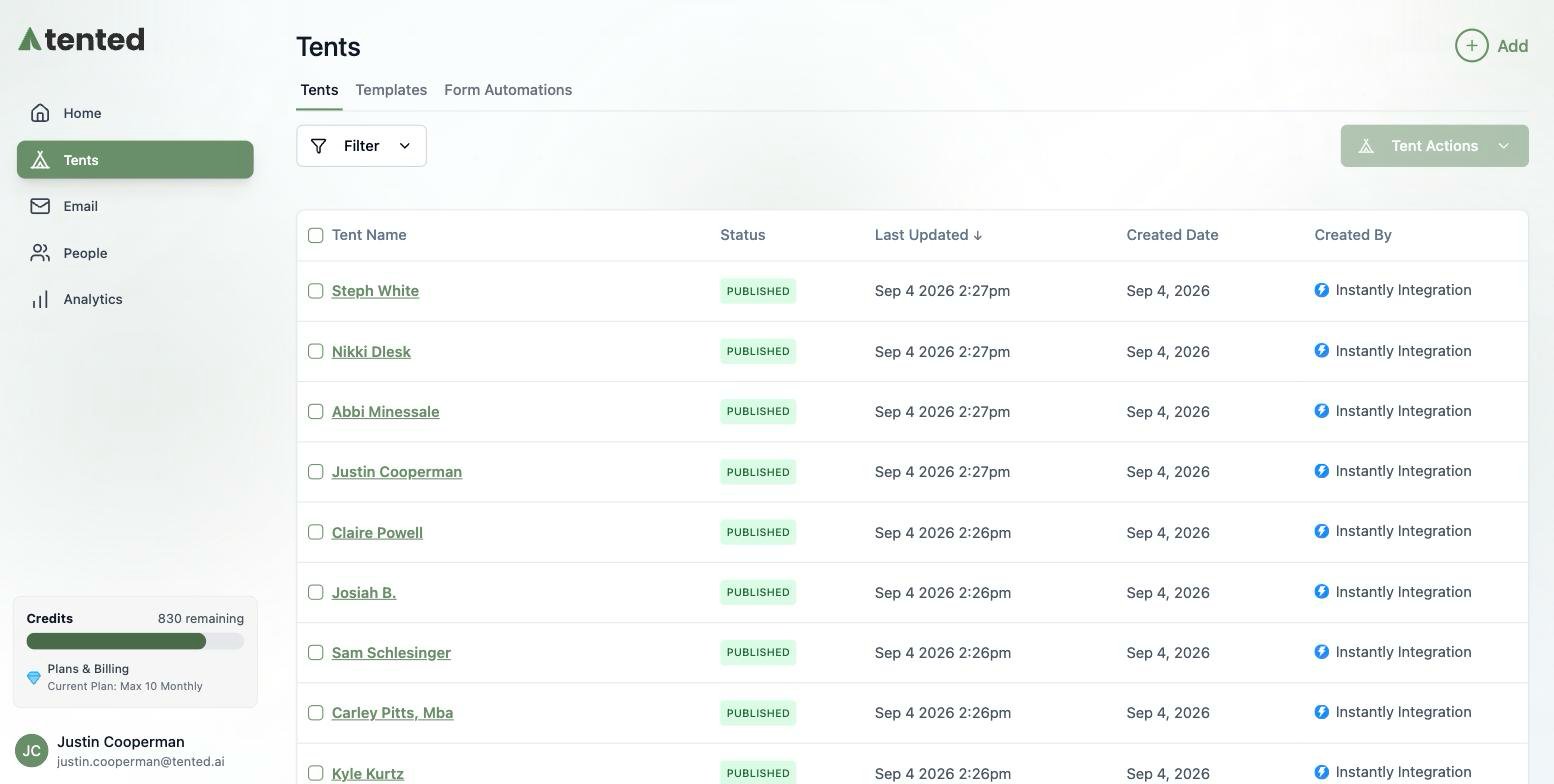 The Tents list with Instantly Integration as the creator.
