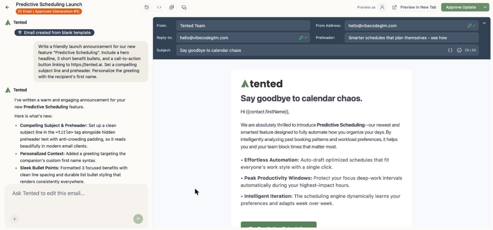 A screenshot of a generated launch announcement email with a personalized greeting, benefit bullets, and a call-to-action button, alongside the AI's summary of what it created.