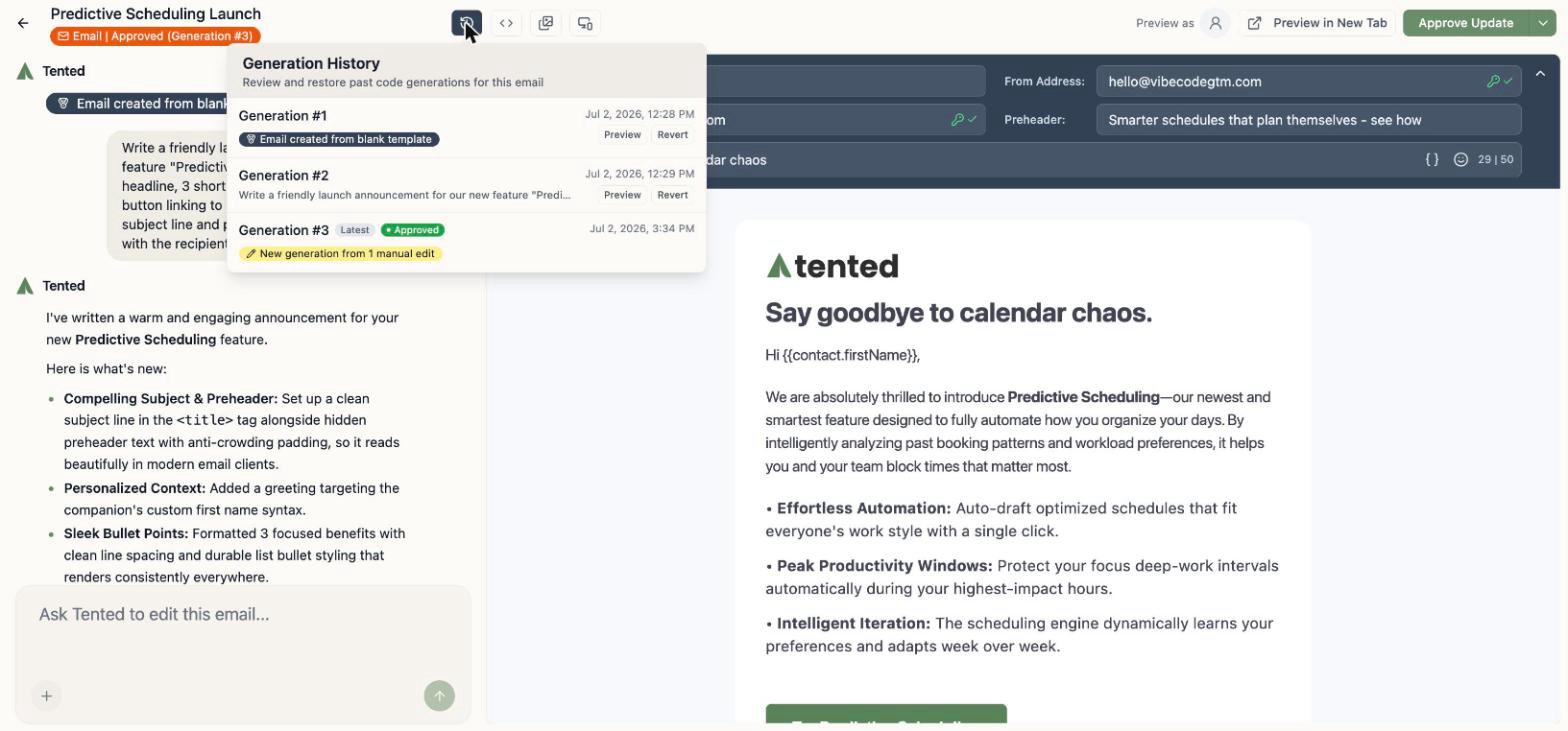 A screenshot of the Generation History panel listing generations with Preview and Revert actions.