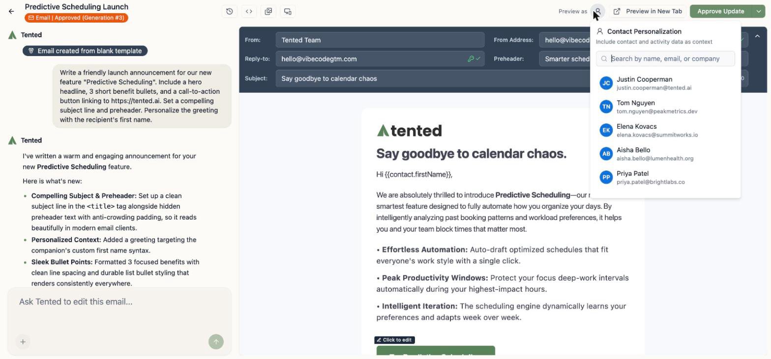 A screenshot of the Preview as menu showing Contact Personalization with a searchable list of contacts.