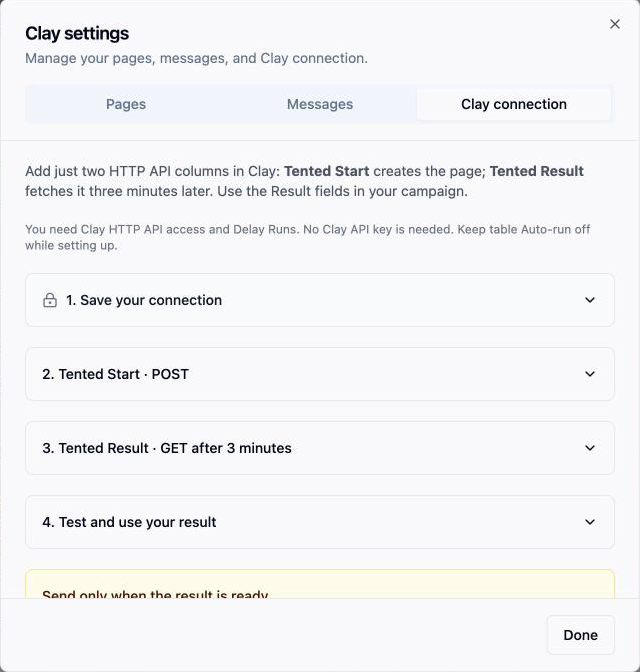 The Clay connection tab with the four setup steps.