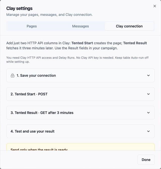 The Clay connection tab with the four setup steps.