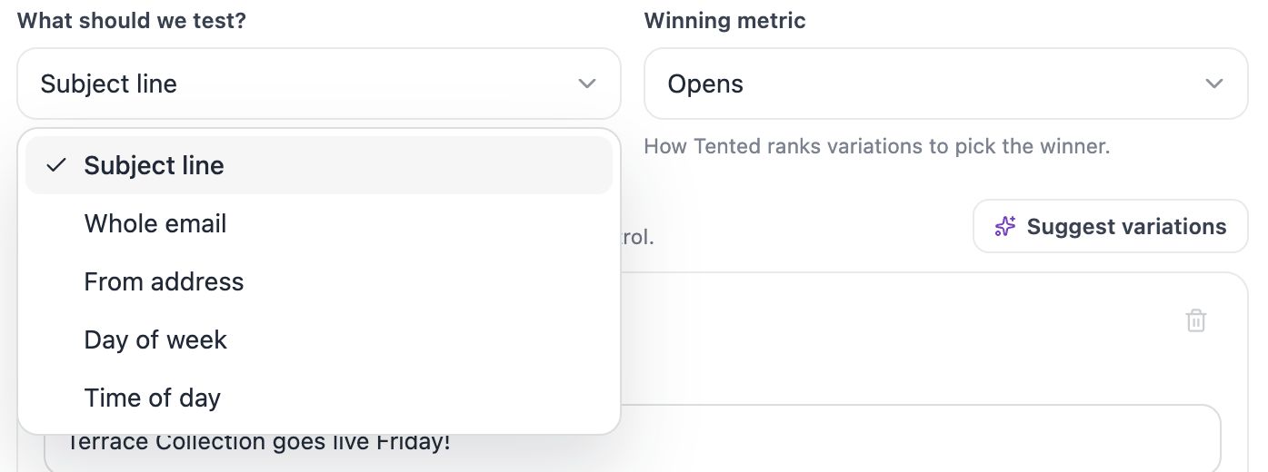 A screenshot of the What should we test dropdown open, listing Subject line, Whole email, From address, Day of week, and Time of day.