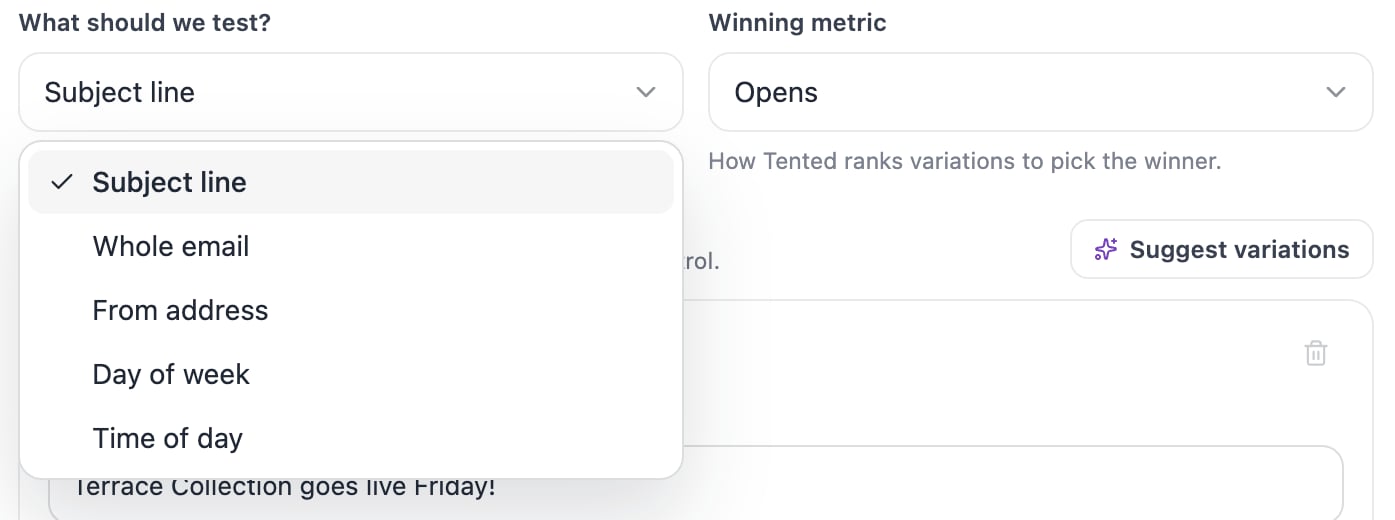 A screenshot of the What should we test dropdown open, listing Subject line, Whole email, From address, Day of week, and Time of day.