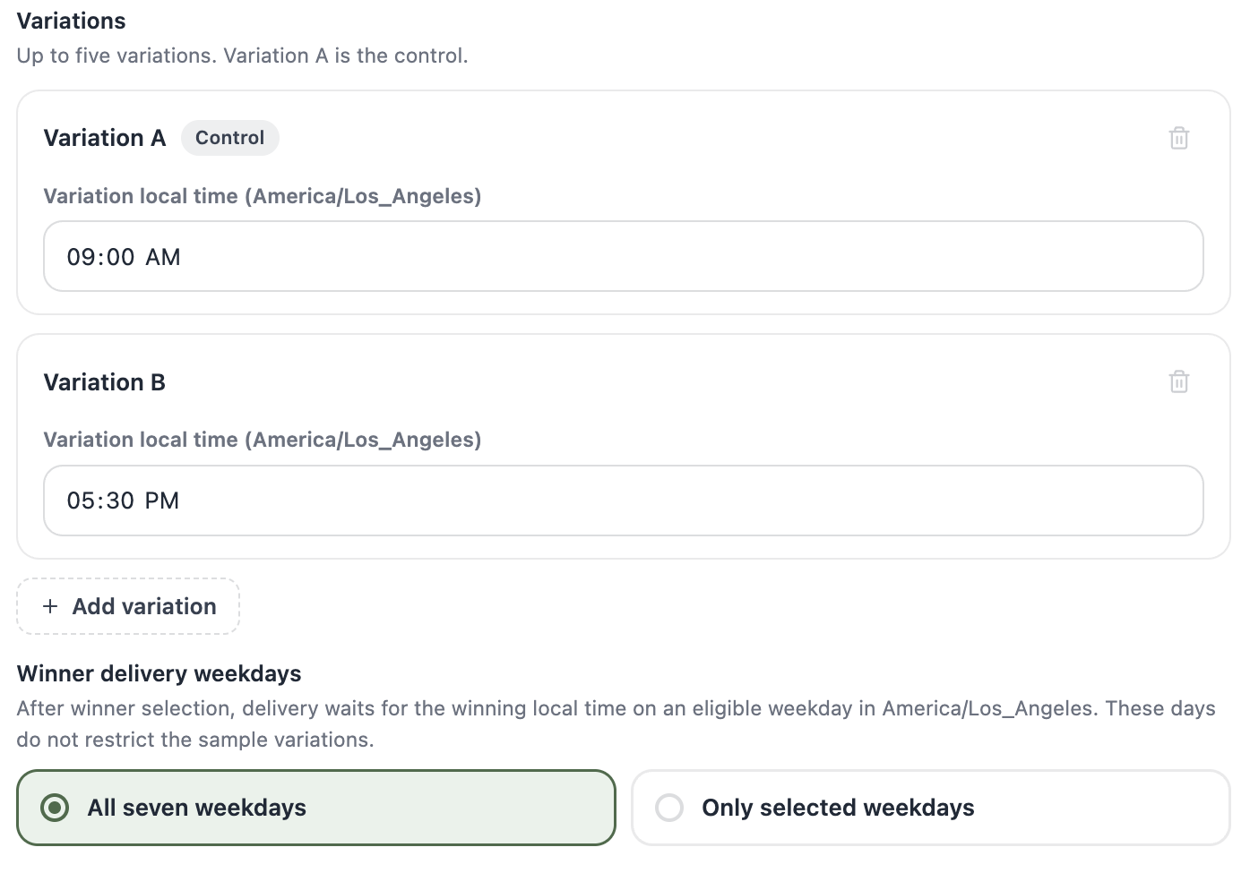 A screenshot of a Time of day test showing per-variation local time inputs and the Winner delivery weekdays radio options.