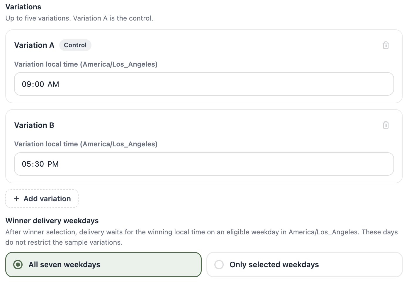 A screenshot of a Time of day test showing per-variation local time inputs and the Winner delivery weekdays radio options.