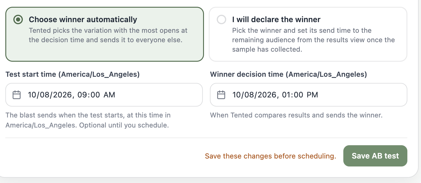 A screenshot of the bottom of the AB Test configurator with Winner selection radios, Test start time and Winner decision time pickers, and the Save AB test button.