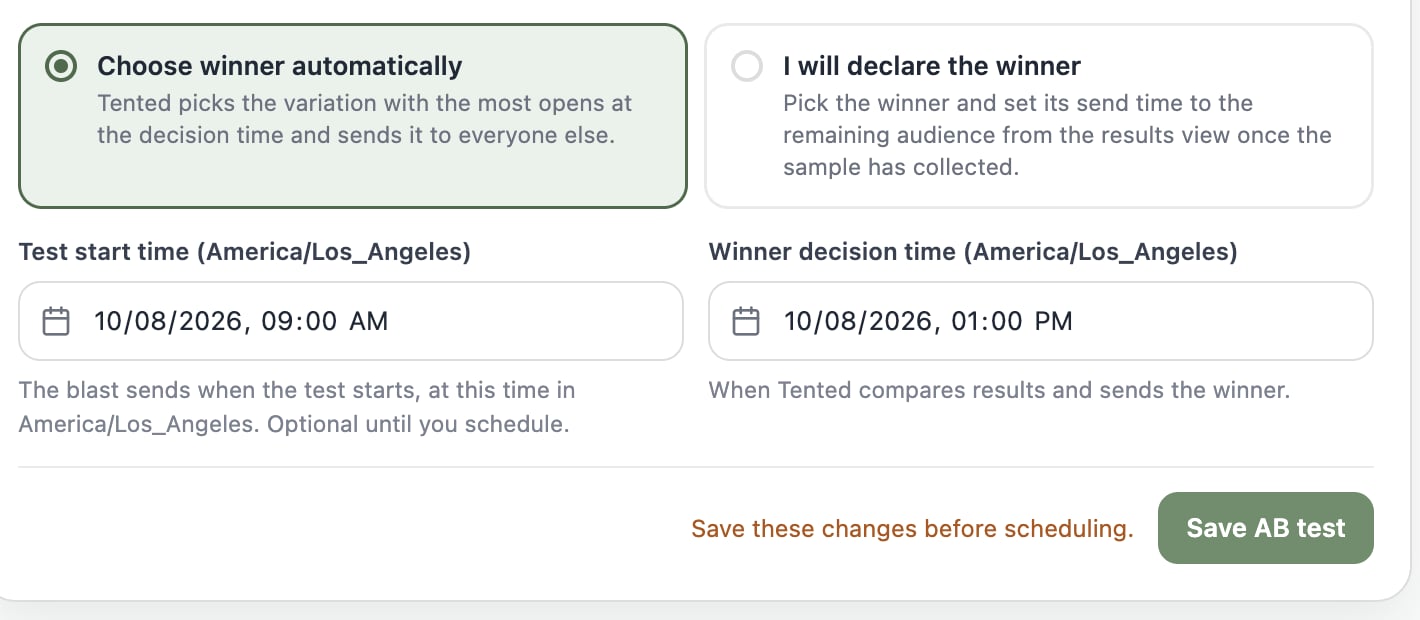 A screenshot of the bottom of the AB Test configurator with Winner selection radios, Test start time and Winner decision time pickers, and the Save AB test button.