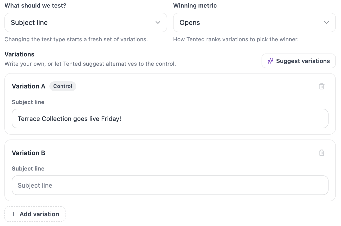 A screenshot of the Variations section with Variation A marked Control and prefilled with the campaign subject, an empty Variation B, an Add variation button, and a Suggest variations button.