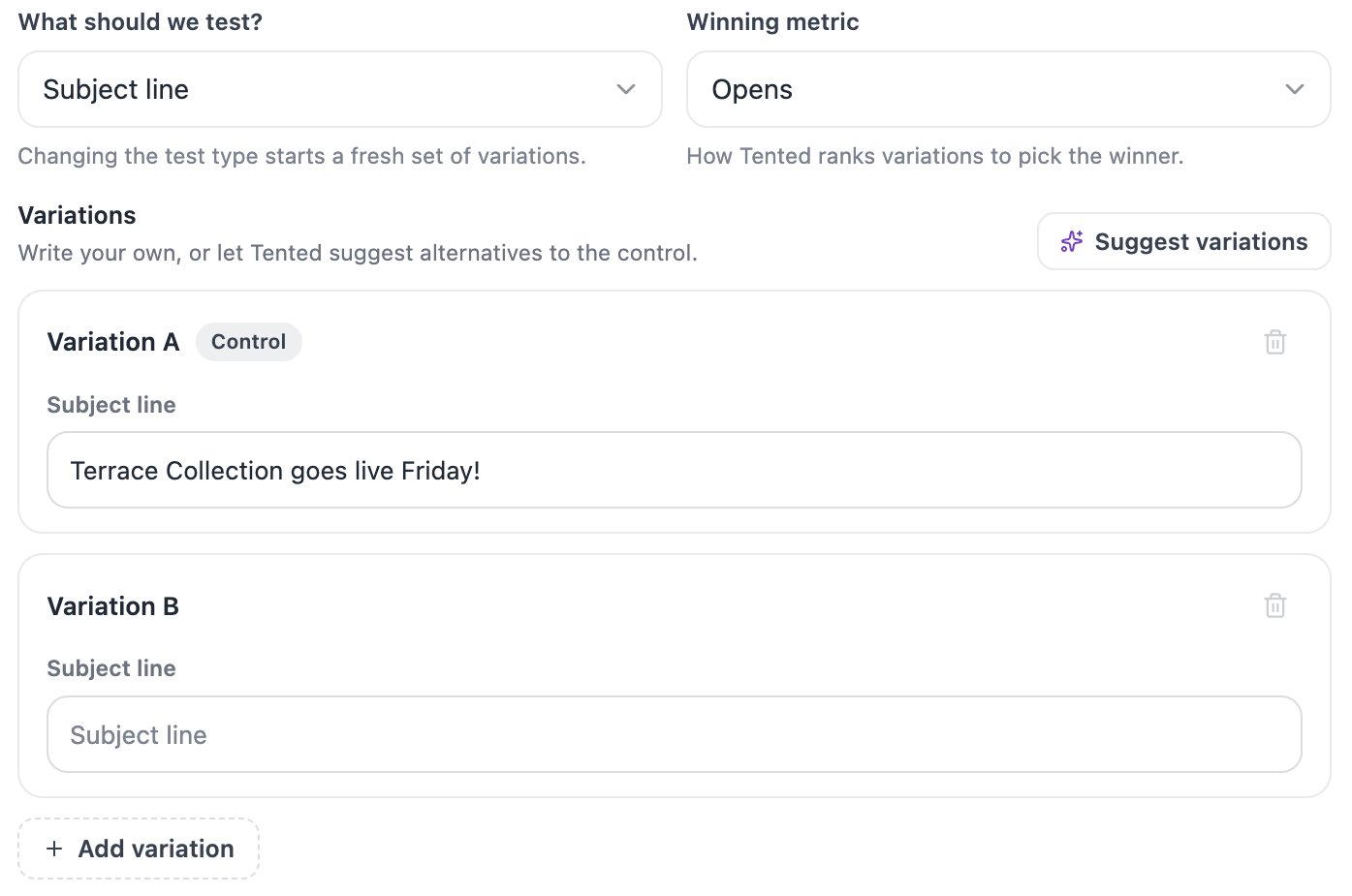 A screenshot of the Variations section with Variation A marked Control and prefilled with the campaign subject, an empty Variation B, an Add variation button, and a Suggest variations button.