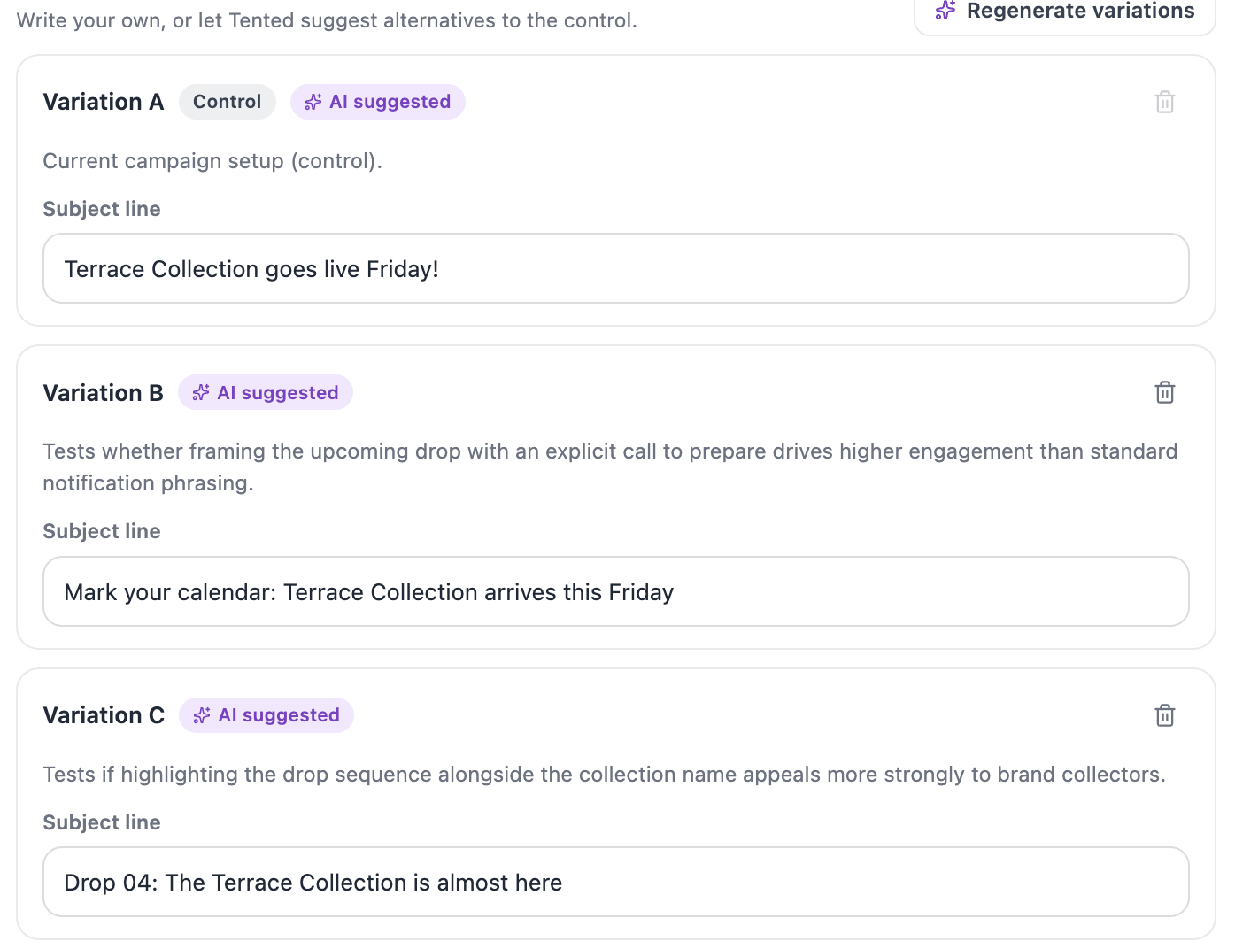 A screenshot of AI-suggested variations, each with an AI suggested badge and a rationale line beneath the variation name.
