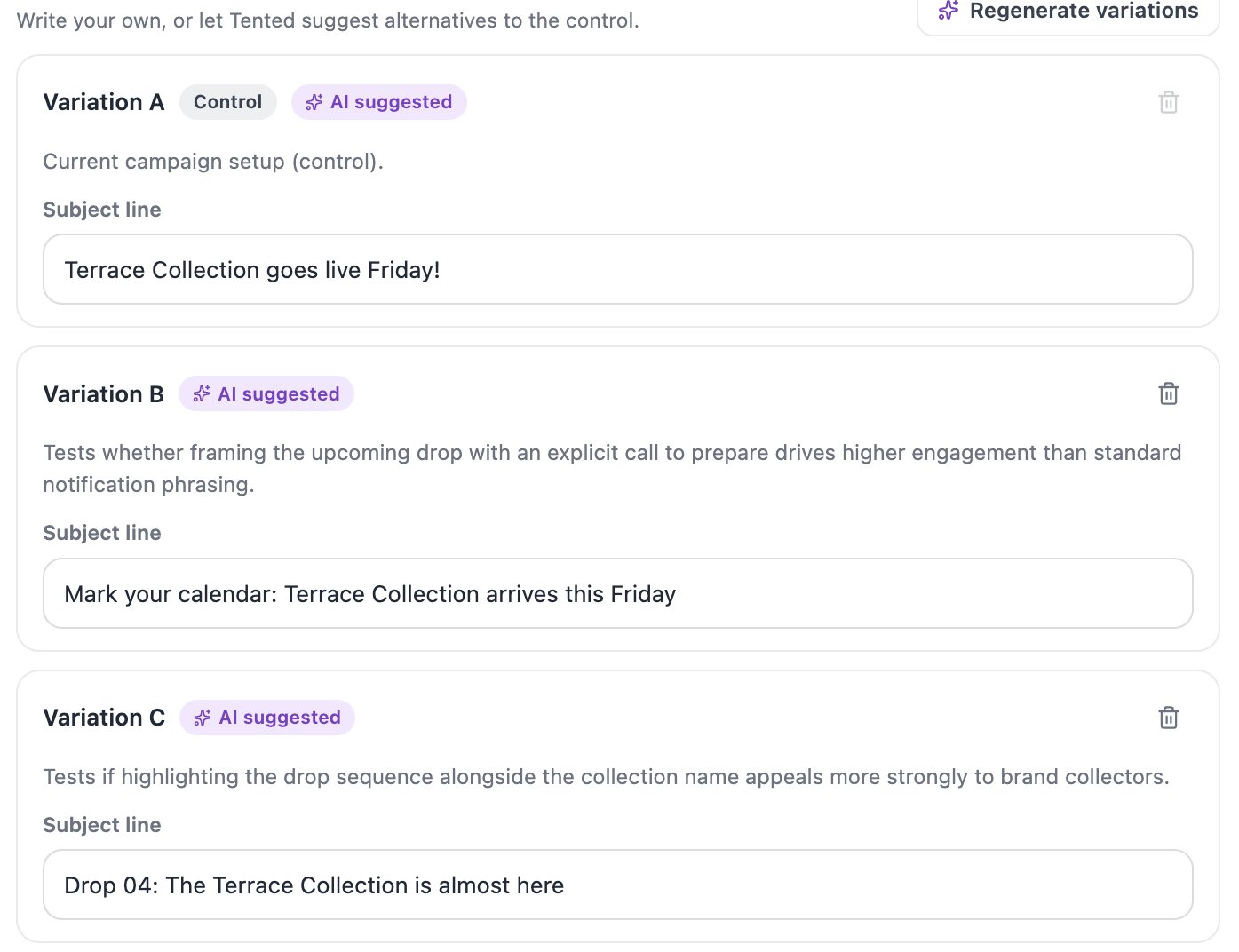 A screenshot of AI-suggested variations, each with an AI suggested badge and a rationale line beneath the variation name.