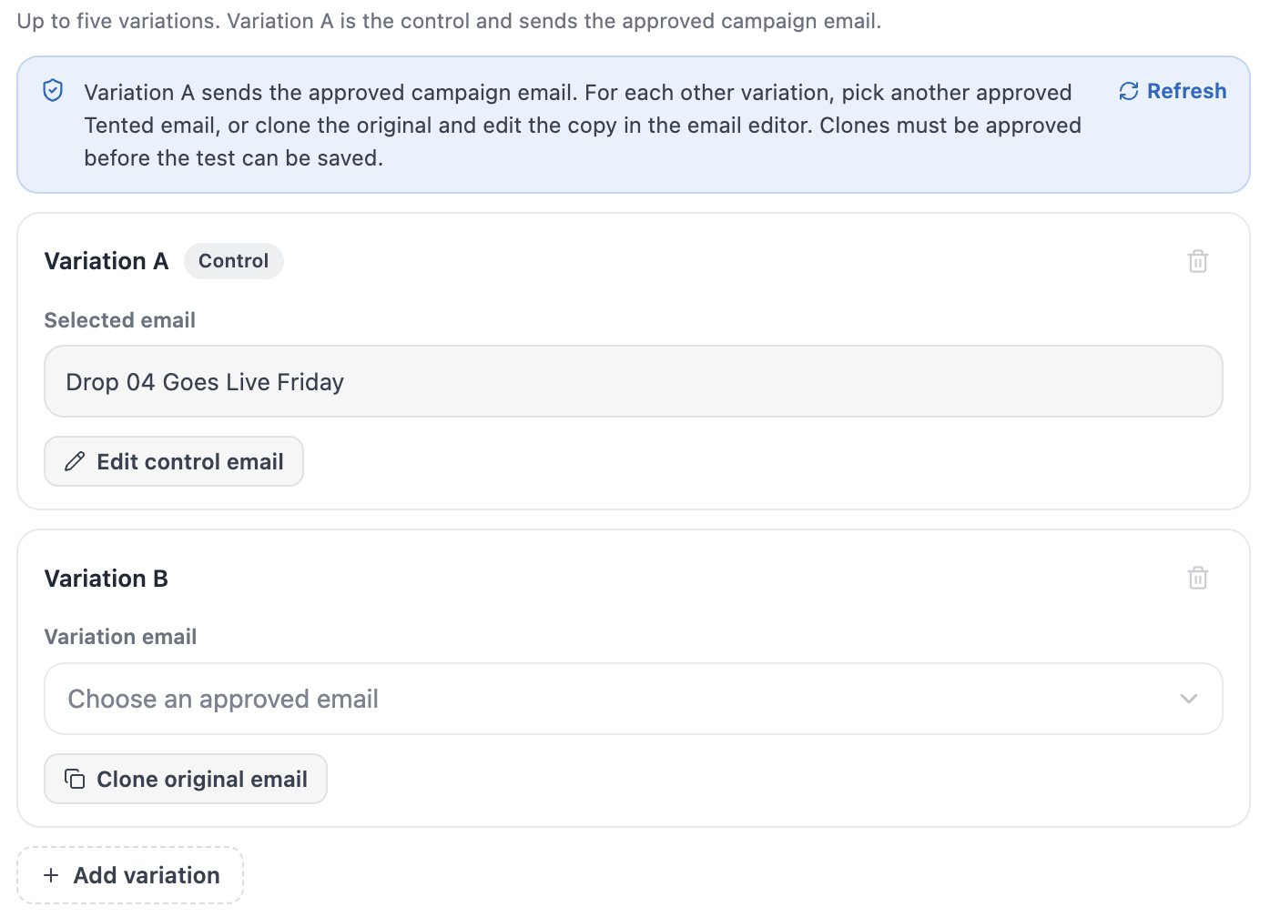 A screenshot of a Whole email test where Variation A sends the approved campaign email with an Edit control email link, and Variation B has a Variation email picker.