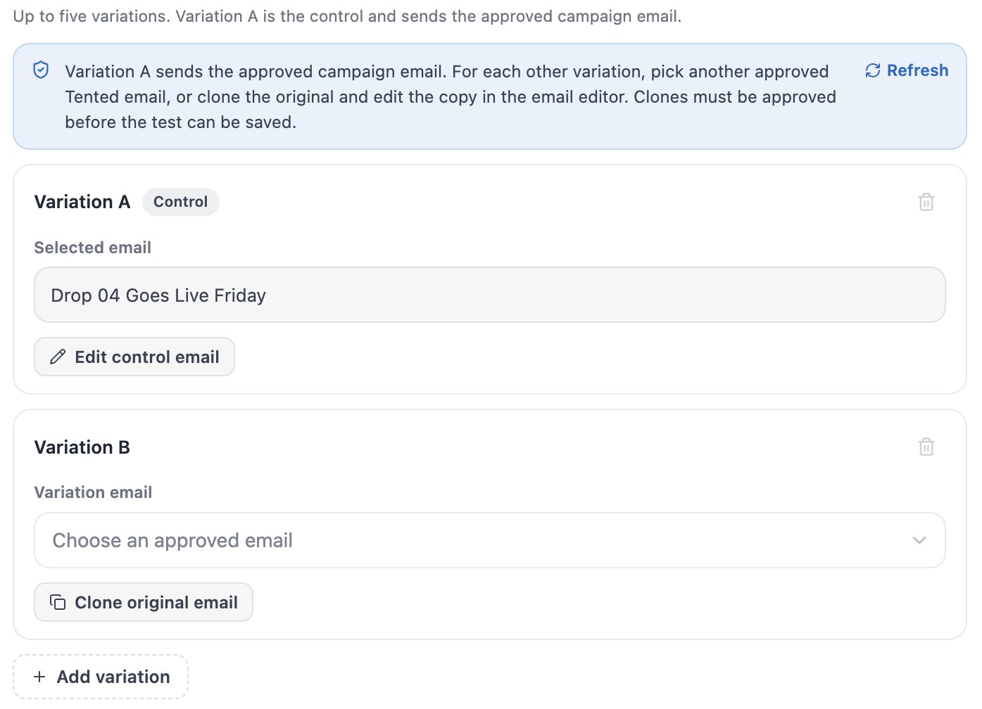 A screenshot of a Whole email test where Variation A sends the approved campaign email with an Edit control email link, and Variation B has a Variation email picker.