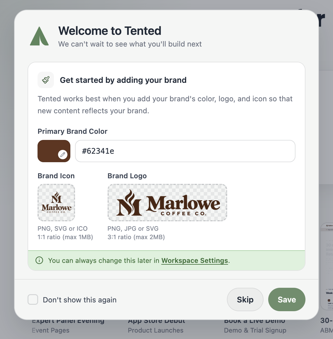 A screenshot of the dialog box for adding a Primary Brand Color, Brand Logo, and Brand Icon.