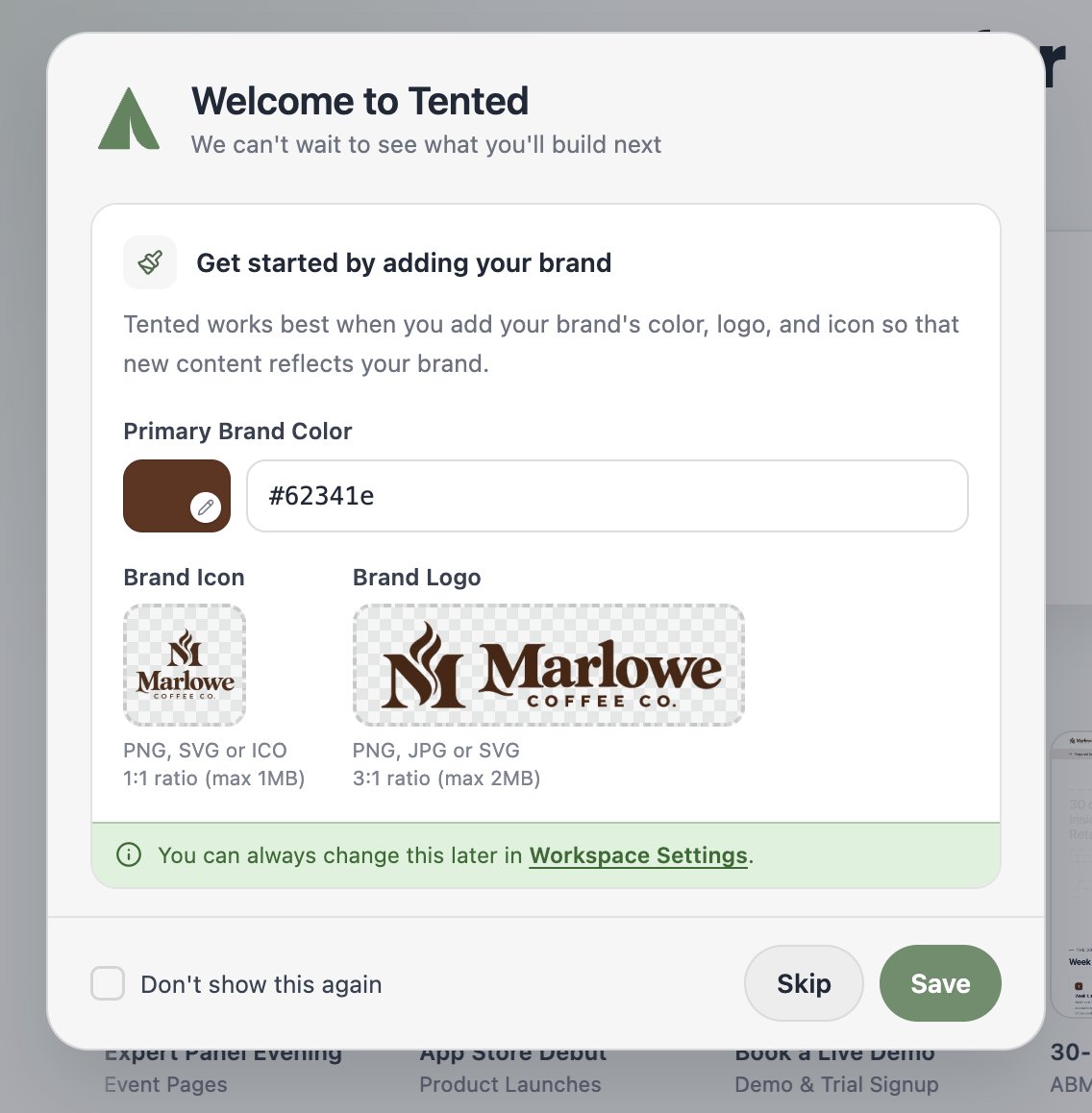 A screenshot of the dialog box for adding a Primary Brand Color, Brand Logo, and Brand Icon.