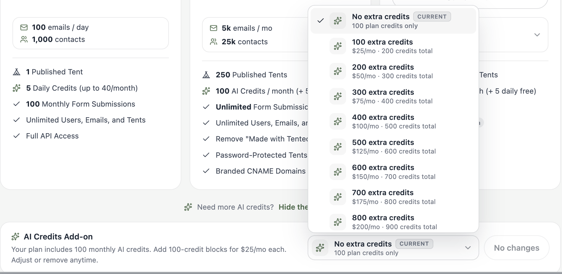 A screenshot of the AI Credits Add-on dropdown open, listing options from No extra credits to 1000 extra credits with monthly prices.