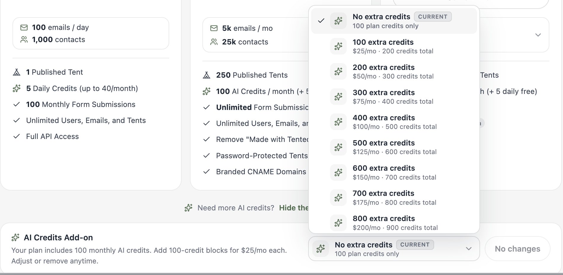 A screenshot of the AI Credits Add-on dropdown open, listing options from No extra credits to 1000 extra credits with monthly prices.